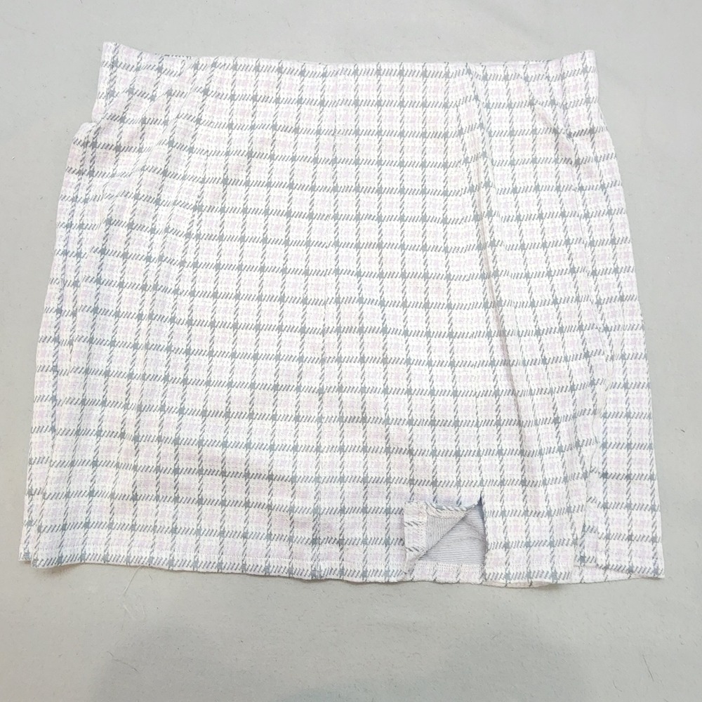 American Eagle Plaid Mini Skirt Size L G Beige Pink Gray Pockets Slit